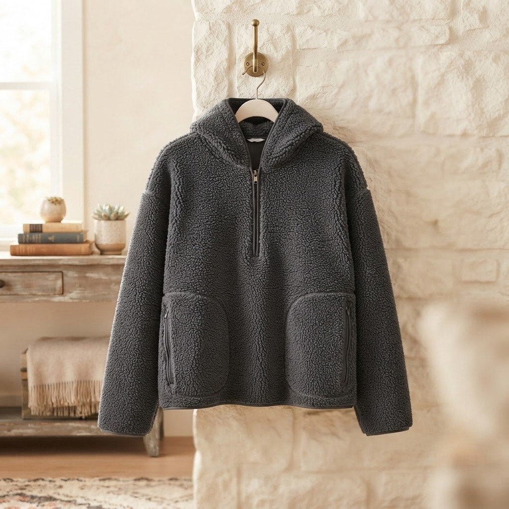 Xersion Womens L Quarter Zip Sherpa Fleece Hoodie Black Gray Pull Over Fall EUC